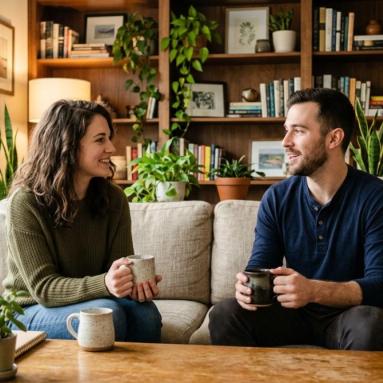 Two American adults in their late twenties sitting on a sofa having coffee, an editorial scene illustrating the difference between a fuck buddy arrangement and friends with benefits